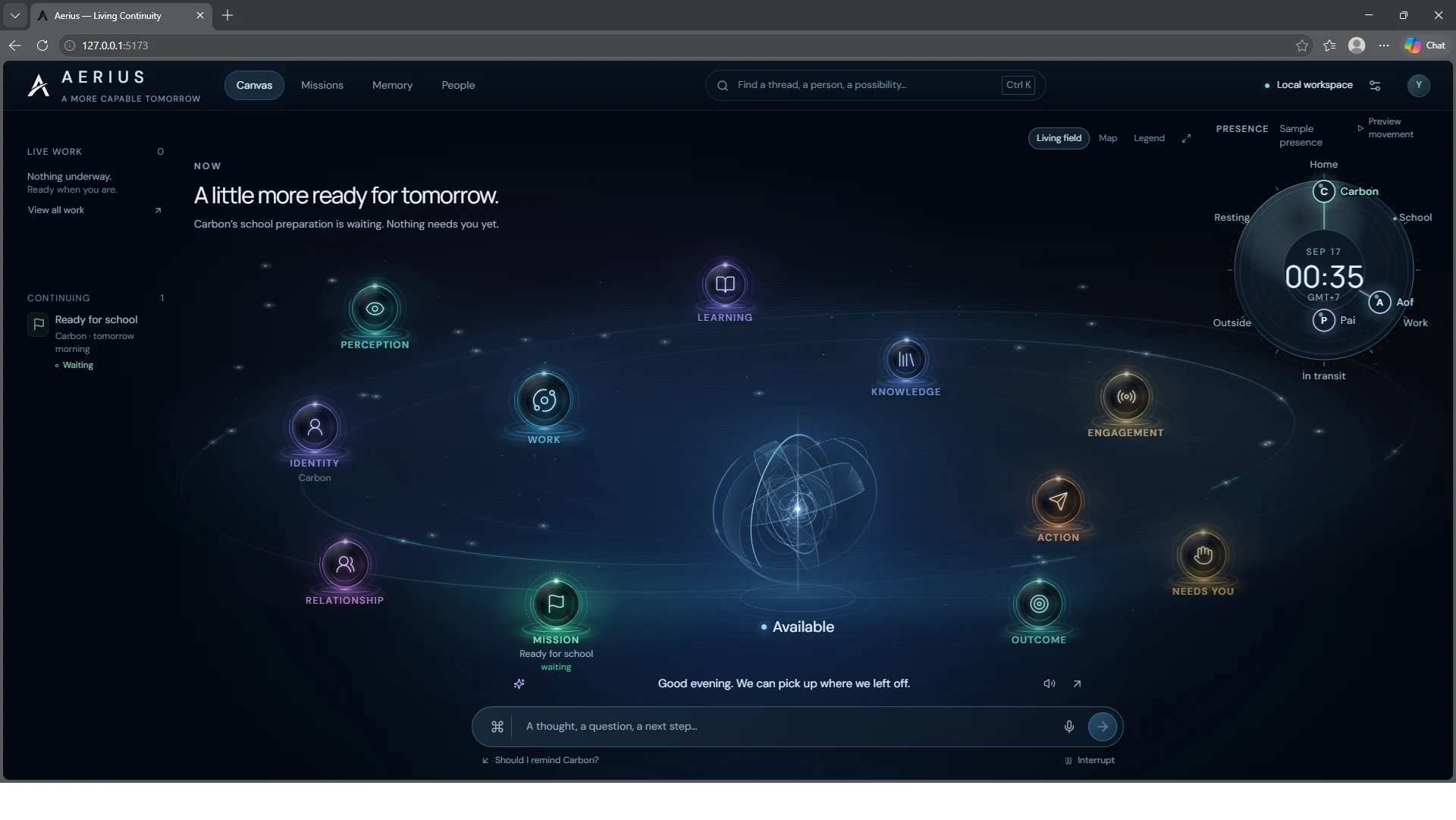 The actual Aerius product interface: a midnight living field with a central presence and orbiting areas for memory, relationships, knowledge, and ongoing work.